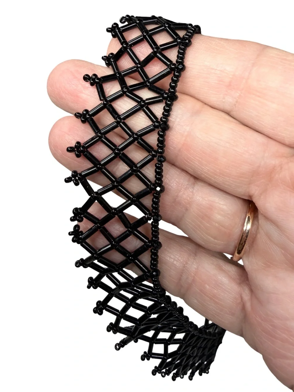 Black Beaded Choker • Lattice Statement Necklace • Adjustable - Picture 4 of 4